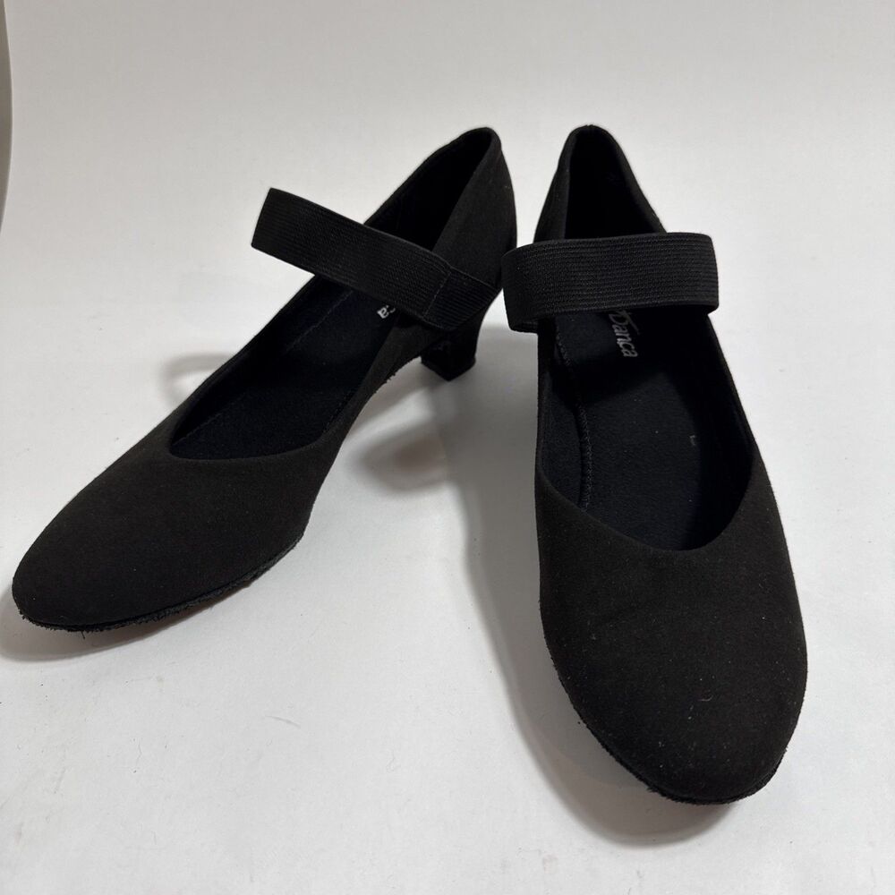 Ballroom Dance Shoes Womens M8L Black Suede 2” Heels Ankle Straps Elastic Strap